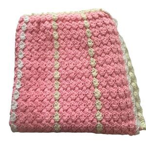 Vintage Knitted Crocheted Handmade Pink White Afghan Throw 72” x 36” Baby